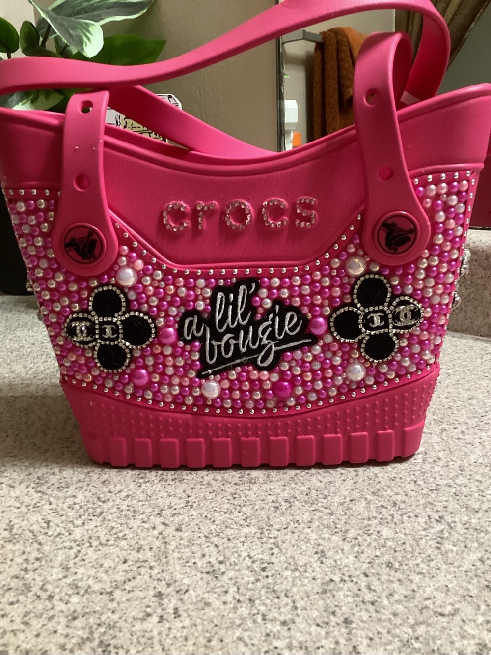 CROCS Hot Pink Jeweled Tote with 'a lil bougie' Patch